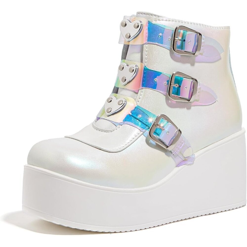 Lucky Step Women's White Hologram Ankle Boots Round Toe Zipper Wedges High Heel